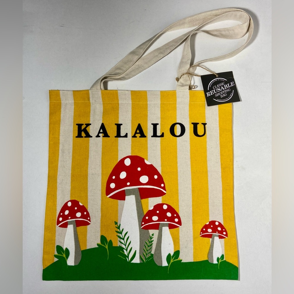 NWT Kalalou Yellow & White Stripe Tote Bag Red White Hallucinogenic Mushrooms